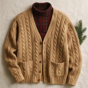 Vintage Camel Hair & Lambswool Fisherman Cable Knit Cardigan • Camel • M